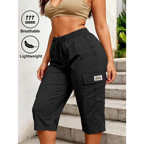 Trendy Women Solid Cargo Capri Pant Elastic Drawstring Waist Multi Flap Pockets Casual Streetwear Daily Outdoor Stylish Slim Fit Women Fashion Bottoms Must-Have Daily Outfit Pants Women's Clothing