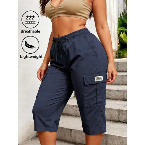Trendy Women Solid Cargo Capri Pant Elastic Drawstring Waist Multi Flap Pockets Casual Streetwear Daily Outdoor Stylish Slim Fit Women Fashion Bottoms Must-Have Daily Outfit Pants Women's Clothing - Color: blue, Size: XS